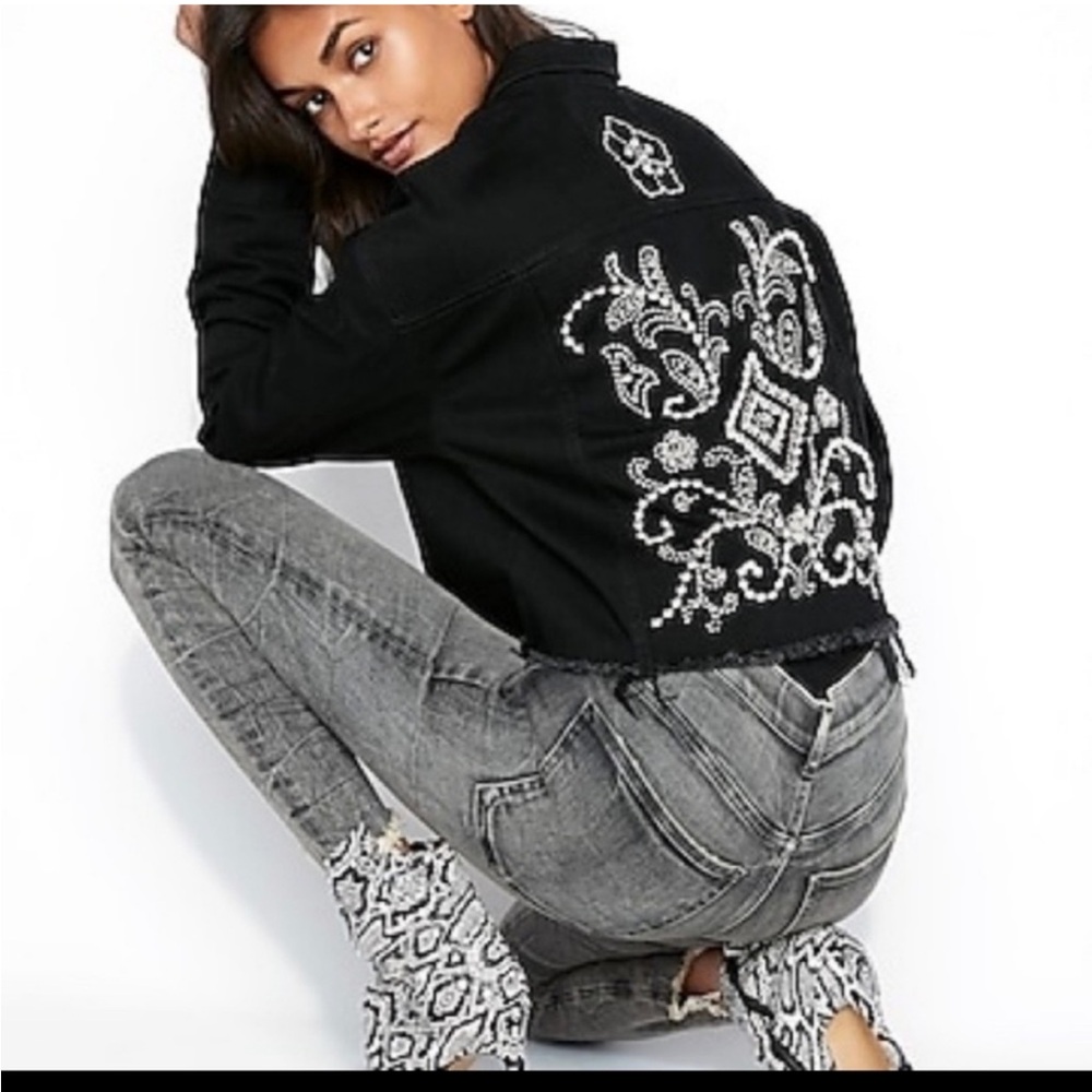 Express Black Denim Jacket with Silver Beading and White Detailing
